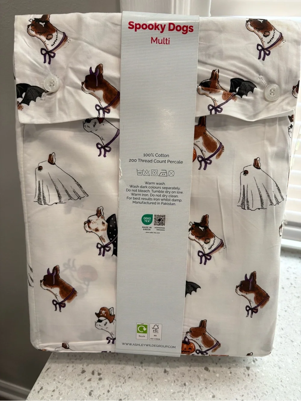 NEW Cath Kidston “Spooky Dogs” Halloween Dog Print Queen Sheet Set-White/Brown